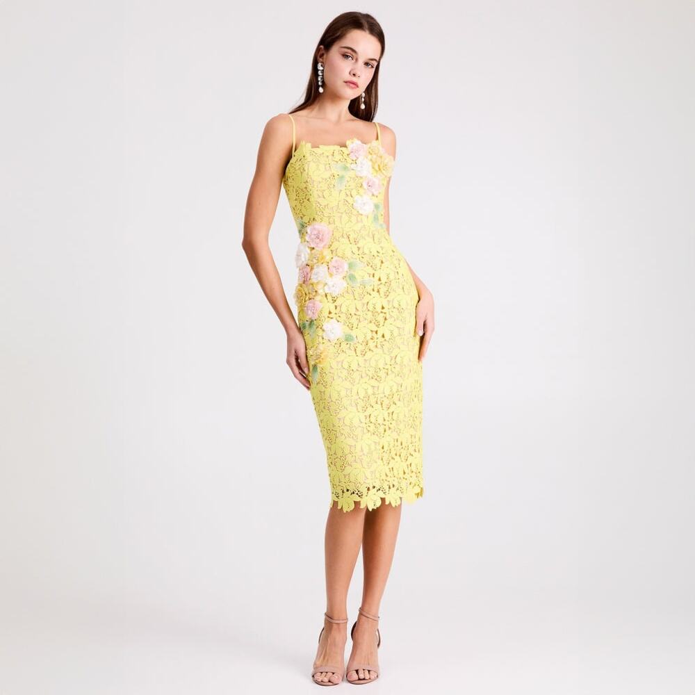 HELSI Georgia 3D Floral Lace Midi Dress Yellow Cocktail Wedding Sz Small NWT